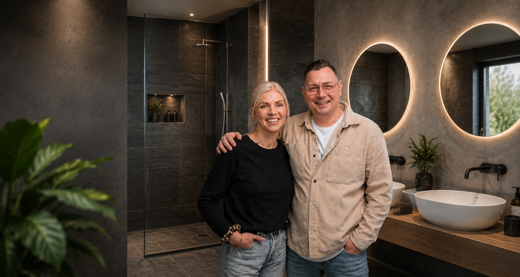 Manuel und Bianca von PRO#BAD in einem modernen, dunkel gefliesten Badezimmer